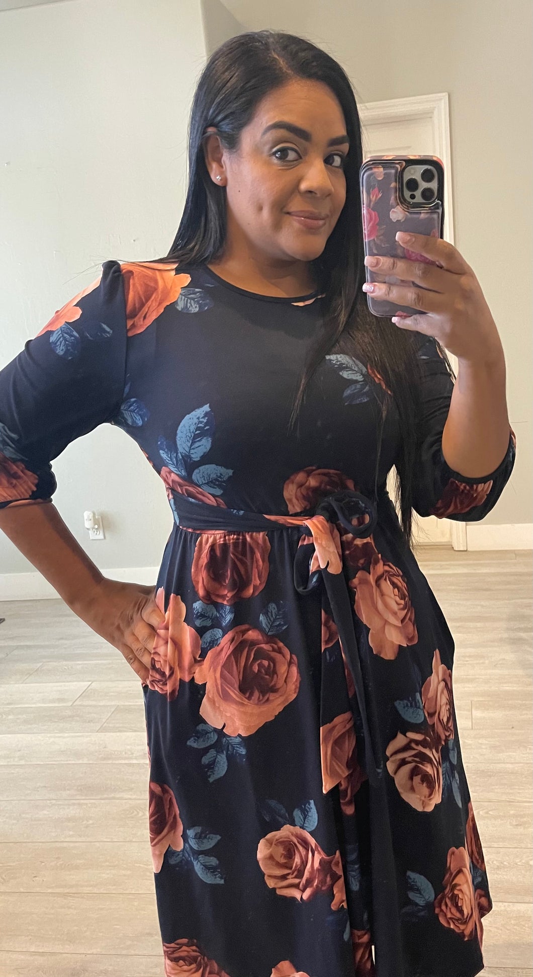 Navy blue floral midi dress